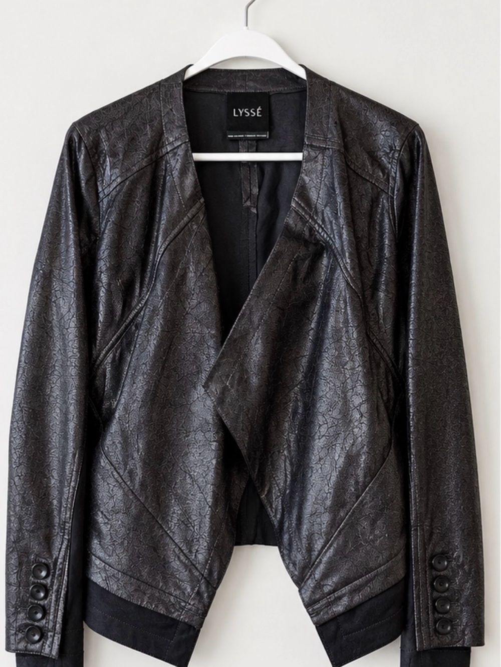 Lysse Black Textured Faux Leather Draped Jacket